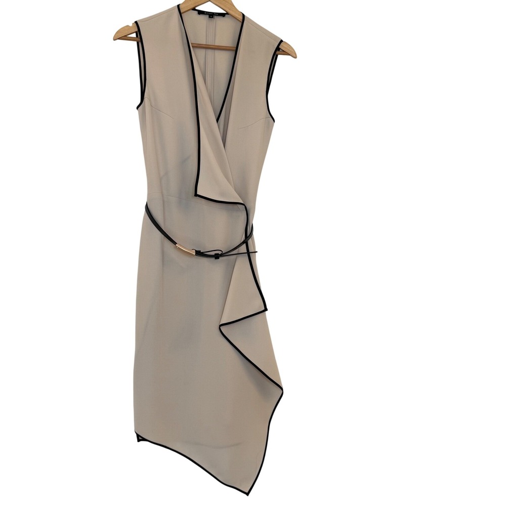 Rachel Roy Wrap Dress Womens 4 Cream Black EUC Asymmetrical Belted Sleeveless
